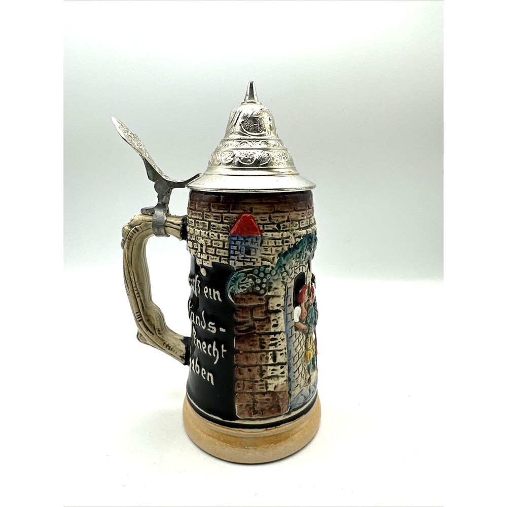 Vintage W German Hand-Painted Stoneware "Restless Times Castle" Stein-Pewter Lid